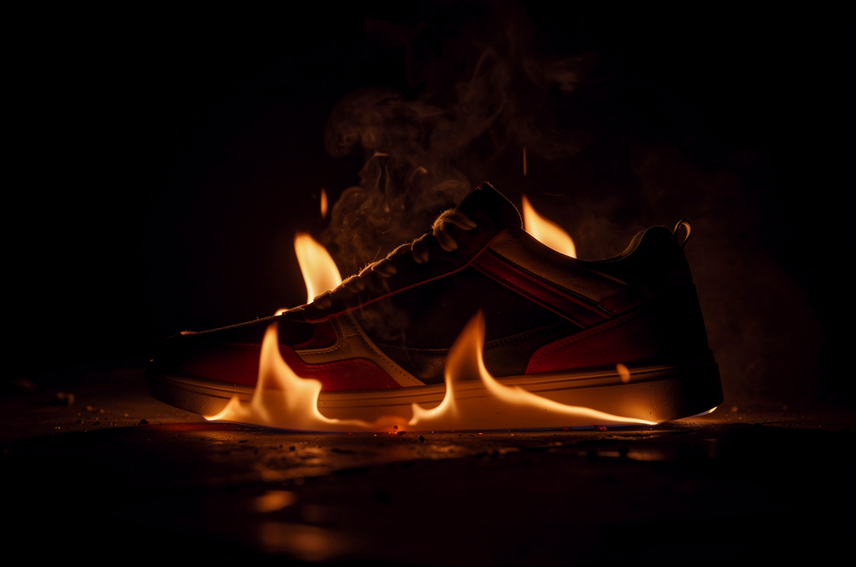 Ein Sneaker fast vollständig im Dunkeln, vor der Sohle schlagen offene Flammen hoch.
