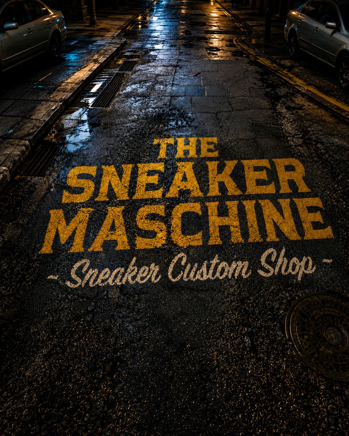 Nasser Asphalt mit aufgemaltem Schriftzug The Sneaker Maschine — Sneaker Custom Shop.