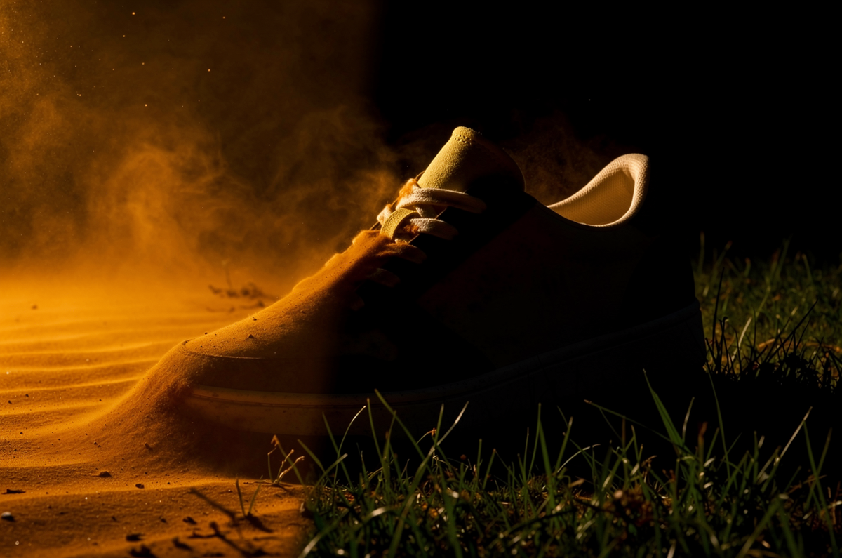 Ein Sneaker im Halbdunkel, links treibt Wüstensand über ihn hinweg, rechts steht dunkles Gras.